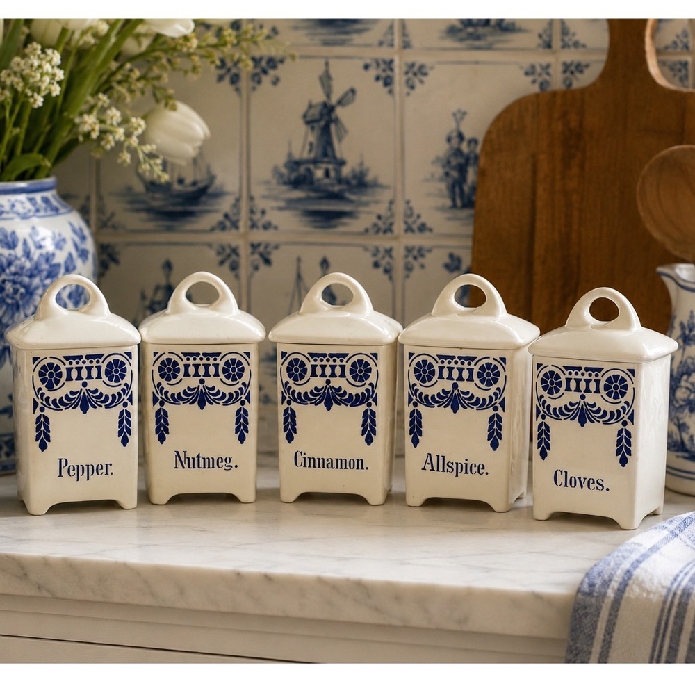 Vintage Germany Blue White Porcelain Spice Jars Set of 5 Delft Style Kitchen